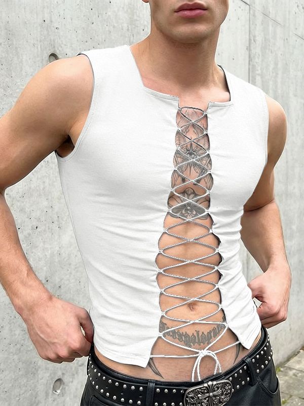 Men's Avant-Garde Full Lace-Up Front Slim Fit Square Neck Sleeveless Tank SKUL56532