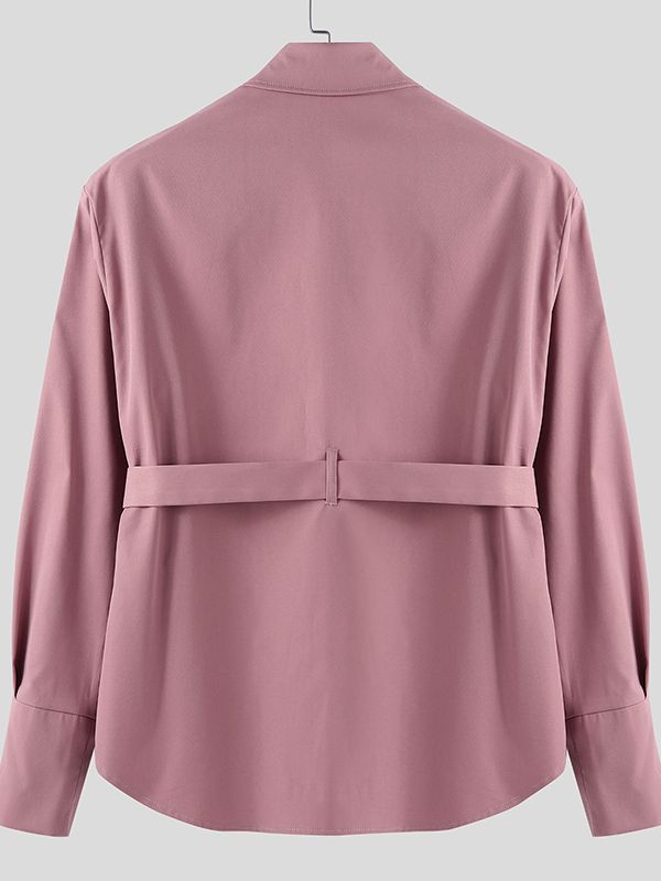 Men's Solid Belt Patchwork Long Sleeve Shirt SKUL32852