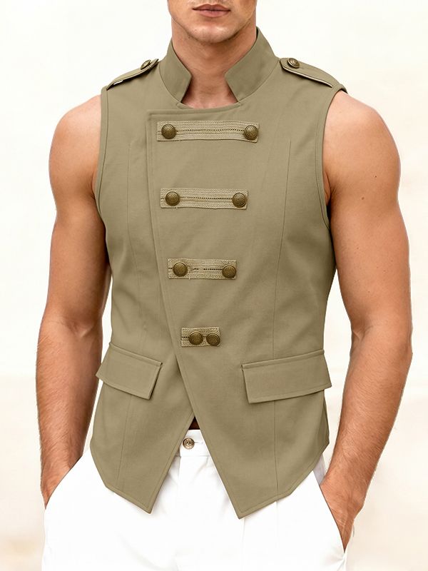 Men's Retro Stage Performance Military Frog Button Epaulet Pointed Hem Sleeveless Stand Collar Waistcoat SKUL84566