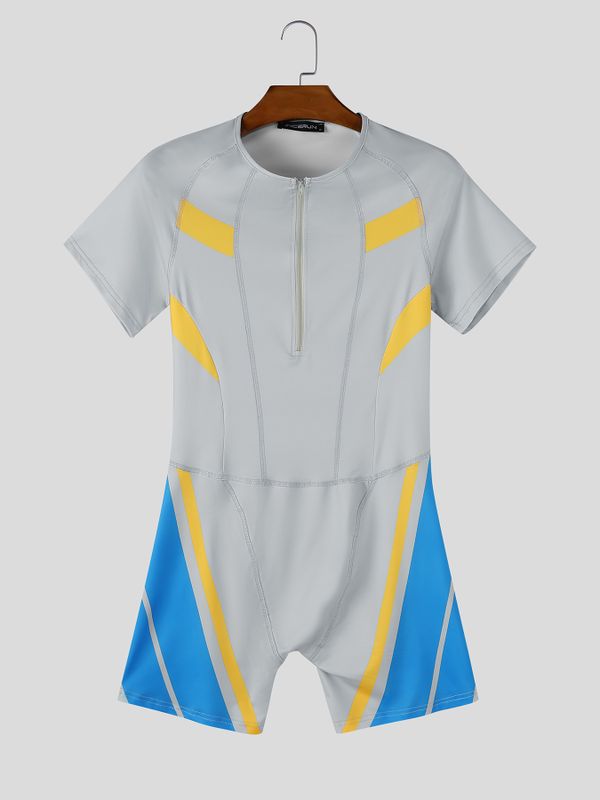 Men's Avant-Garde Racing Stripe Zip-Up Skinny Short Sleeve Zipper V-Neck Bodysuit SKUL73636