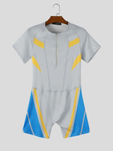 Men's Avant-Garde Racing Stripe Zip-Up Skinny Short Sleeve Zipper V-Neck Bodysuit SKUL73636