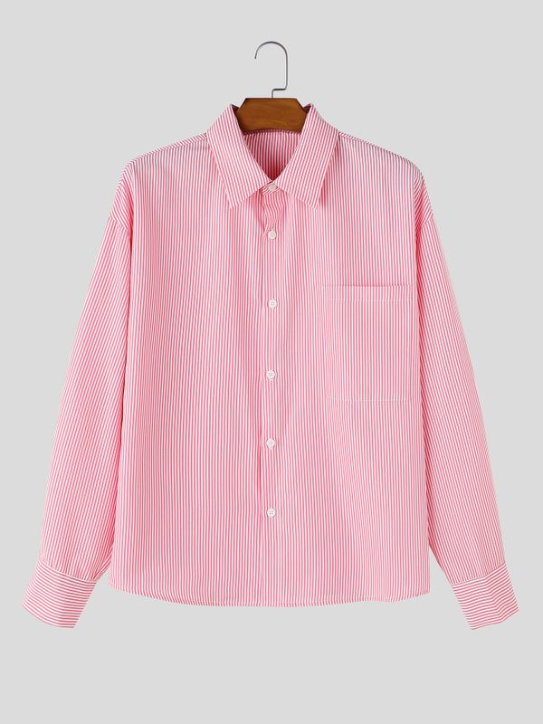Men's Smart Chic Daily Commute Vertical Stripe Silk Satin Chest Pocket Shirt SKUL86800