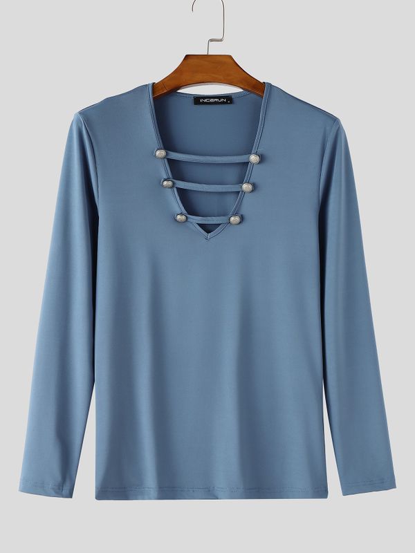 Men's High-End Clubwear Deep V-Neck Strappy Muscle Fit Long Sleeve Shirt SKUL77302