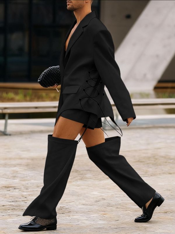 Men's Lace Up Patchwork Detachable Pant Legs Two Pieces Outfit SKUL38597