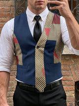 Men's Vintage Patchwork Faux-Tie Tailored Suit Waistcoat SKUL66931