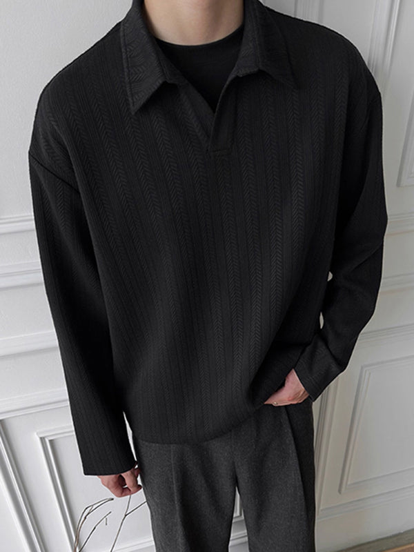 Men's Solid Color Textured Lapel Long Sleeve Shirt SKUL31645