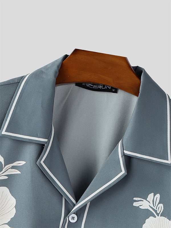 Mens Floral Print Cuban Collar Short Sleeve Shirt SKUL16858