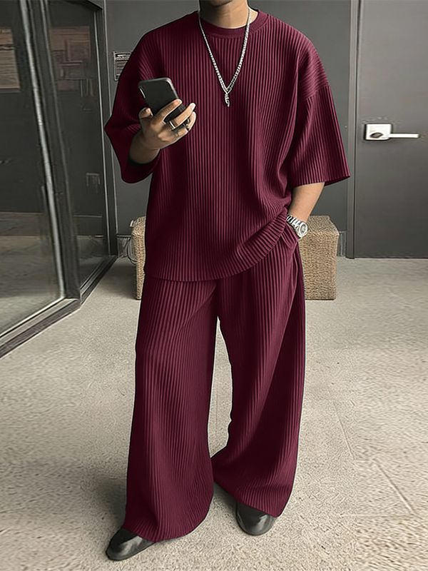 Men's Solid Color Pleated Design Casual Two Pieces Outfit SKUL53146