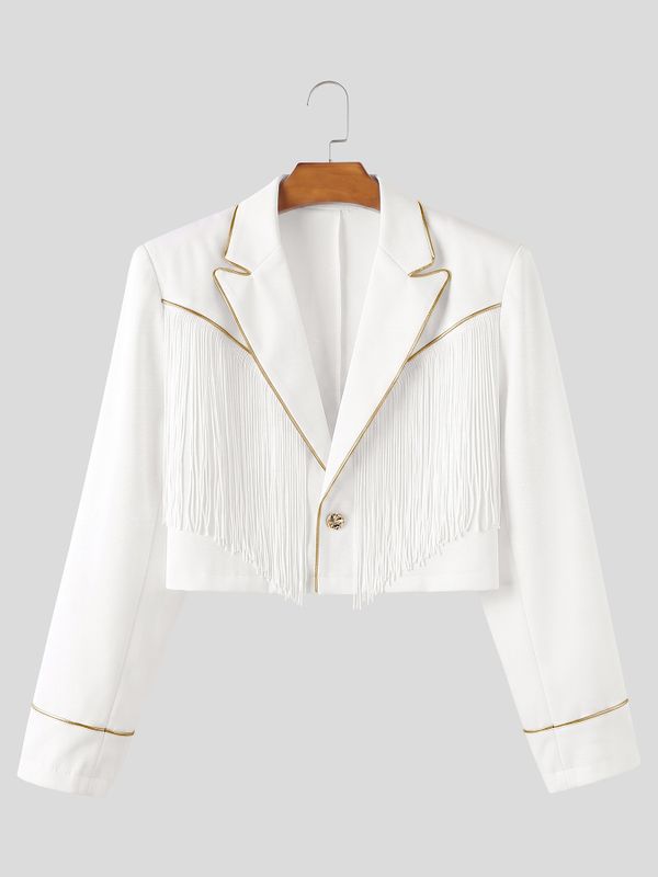Men's Avant-Garde Runway Western Fringe Gold Piping Single Button Long Sleeve Cropped Blazer SKUL81155