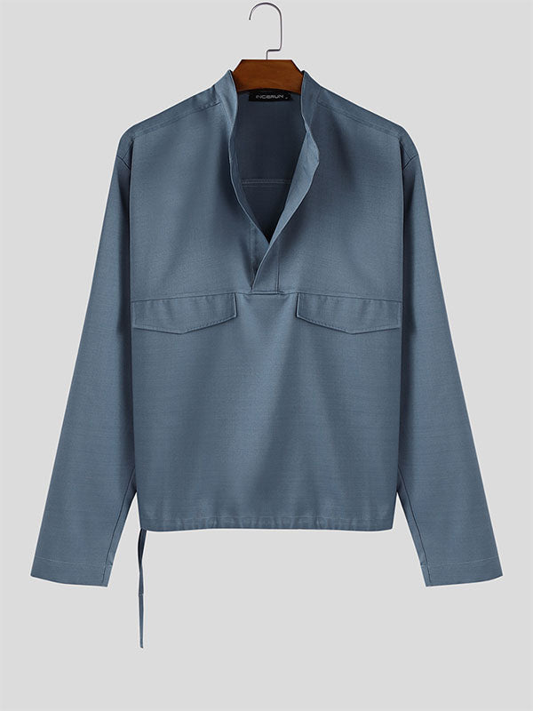 Men's Solid Color Stand Collar Casual Long Sleeve Shirt SKUL32034