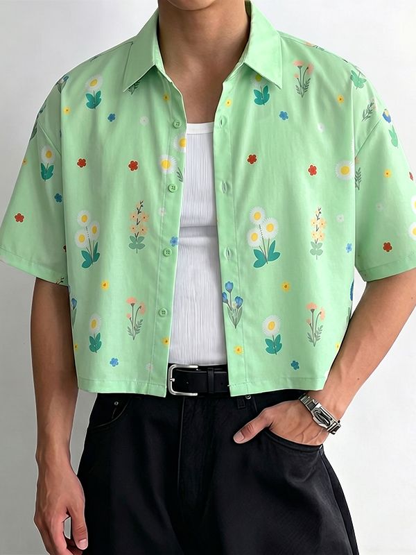 Men's Summer Vacation Floral Print Cropped Short Sleeve Button Up Casual Shirt SKUL69097