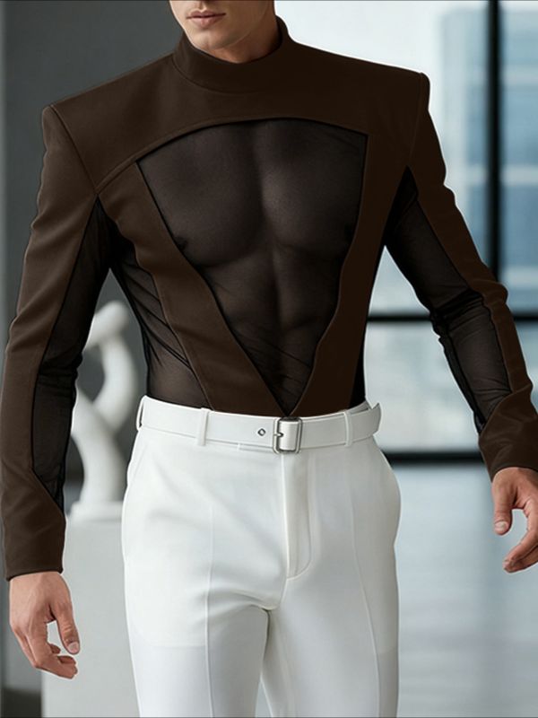 Men's Sheer Mesh Patchwork Long Sleeve T-shirt SKUL48681