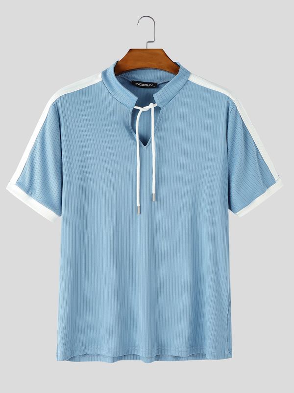 Men's Casual Ribbed Contrast Panel Drawstring V-Neck Short Sleeve Shirt SKUL73568
