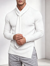 Men's Early Autumn High Street Ribbed Knit Built-in Scarf Long Sleeve Tie Neck Pullover SKUL79682