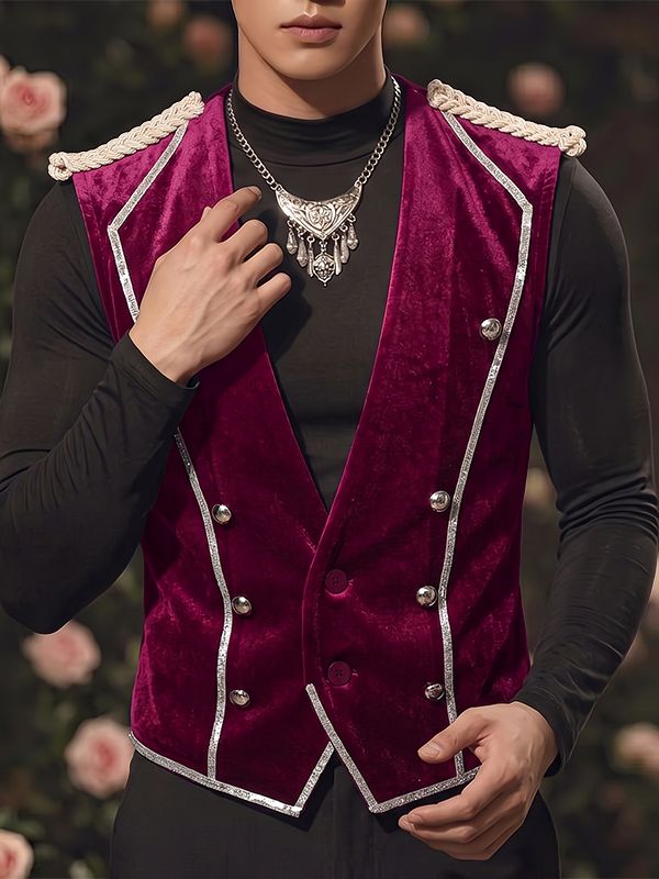 Men's Vintage Aristocrat Velvet Braided Epaulettes Silver Piping Waistcoat SKUL75533