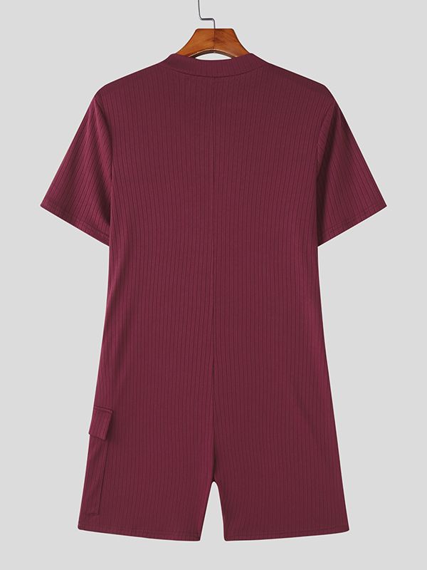 Men's Solid Color Textured Zipper Short Sleeve Bodysuit SKUL48695