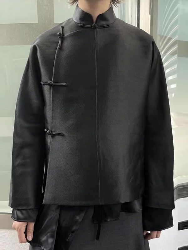 Men's Solid Color Frog Button Long Sleeve Shirt SKUL40230