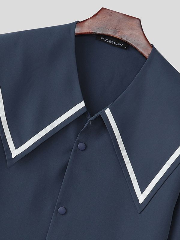 Men's Preppy Style Solid Color Lapel Collar Long Sleeve Shirt SKUL45136
