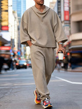 Men's Urban Casual Textured Knit Drop Shoulder 3/4 Sleeve Cowl Neck Two Pieces Outfit SKUL83167