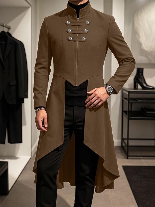 Men's Avant-Garde Retro Runway High-Low Swallowtail Hem Metal Buckle Zip Up Long Sleeve Stand Collar Blazer SKUL79735