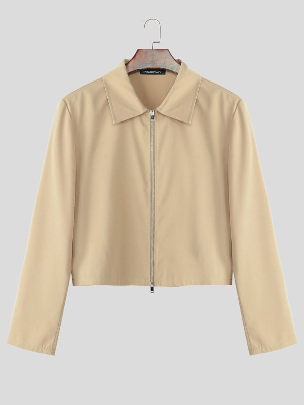 Men's Solid Color Zip Cropped Long Sleeve Jacket SKUL29607