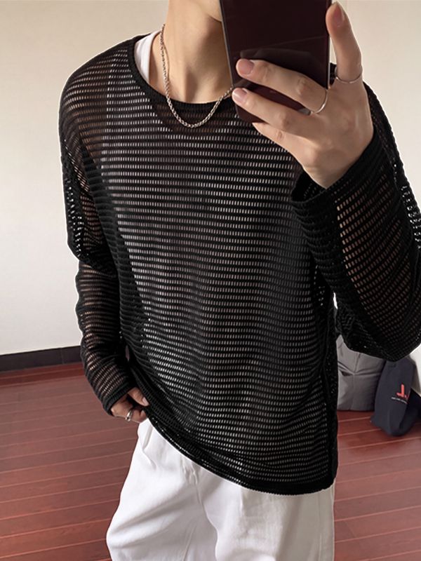 Men's Sexy Party Horizontal Stripe Open Knit See-Through Loose Long Sleeve T-shirt SKUL81855