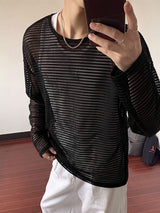 Men's Sexy Party Horizontal Stripe Open Knit See-Through Loose Long Sleeve T-shirt SKUL81855