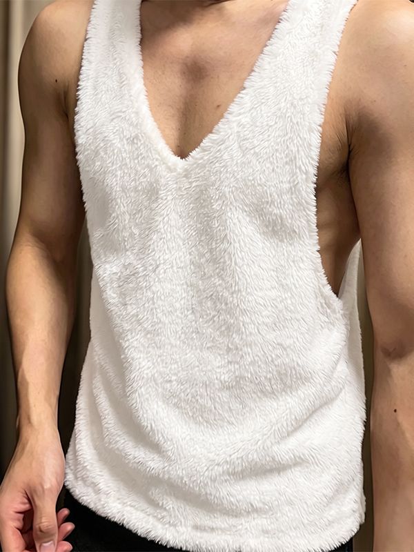 Men's Cozy Plush Fleece Deep V-Neck Dropped Armhole Tank SKUL77422
