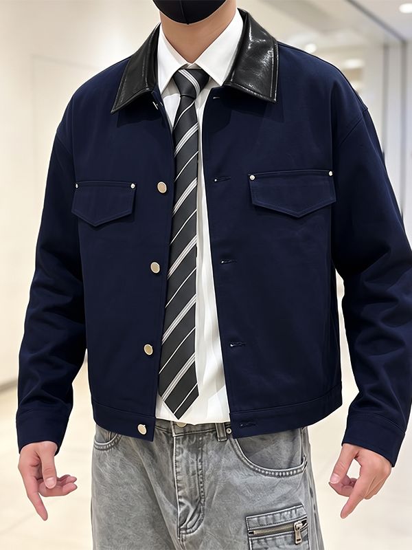 Men's Retro Workwear Daily Commute Contrast Leather Collar Flap Pocket Cropped Jacket SKUL84769