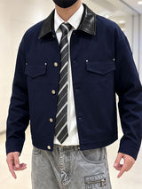 Men's Retro Workwear Daily Commute Contrast Leather Collar Flap Pocket Cropped Jacket SKUL84769