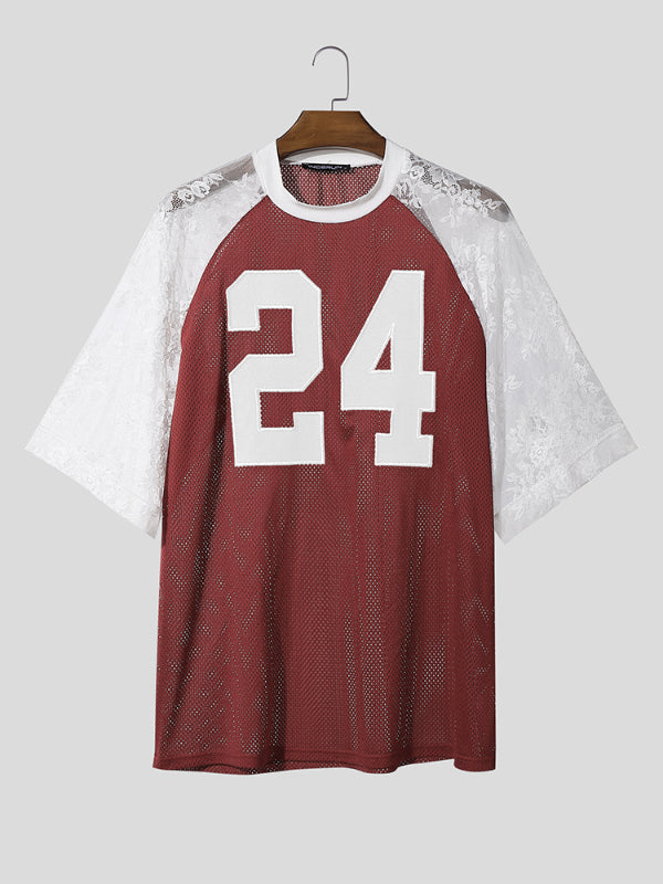 Men's Lace Patchwork Number Print Short Sleeve T-Shirt SKUL18993