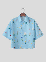 Men's Summer Vacation Floral Print Cropped Short Sleeve Button Up Casual Shirt SKUL69097