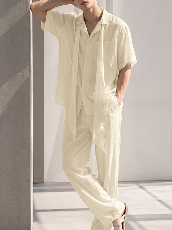 Men's Avant-Garde Romantic Flowy Tie-Neck Short Sleeve Shirt SKUL74630