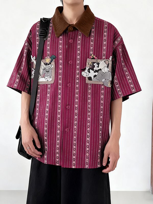 Men's Cartoon Animal Stripe Print Short Sleeve Shirt SKUL50070