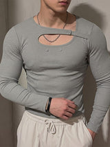 Men's Provocative Avant-Garde Asymmetrical Cut-Out Ribbed Knit Long-Sleeve T-shirt SKUL77301