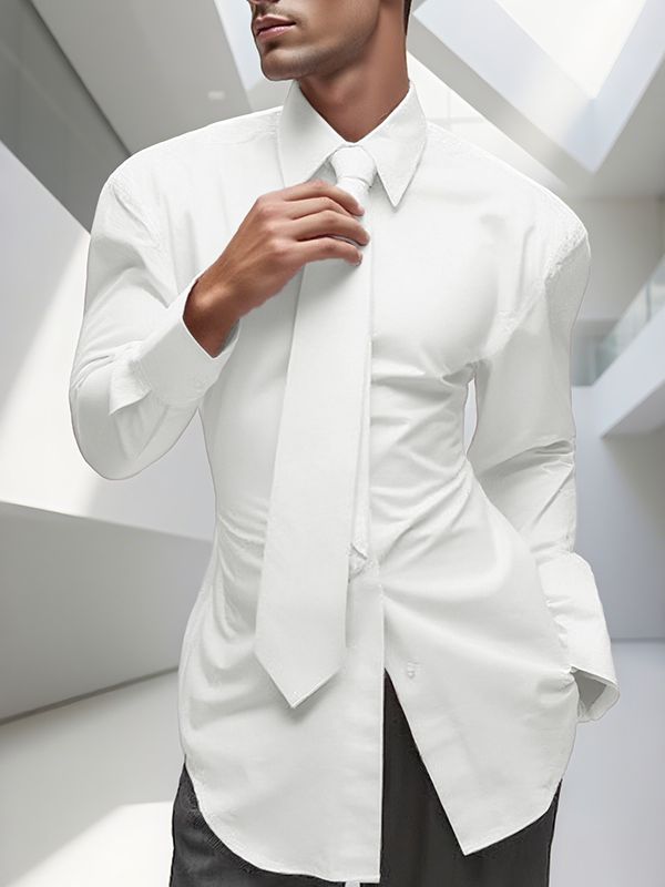 Men's Solid Waist Tie Long Sleeve Shirt SKUL31936