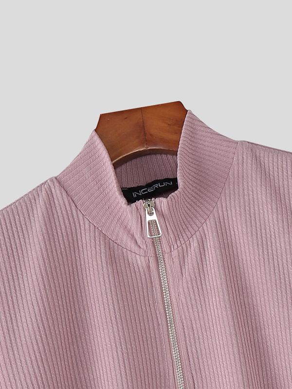 Men's Solid Color Textured Zip Short Sleeve T-shirt SKUL54063