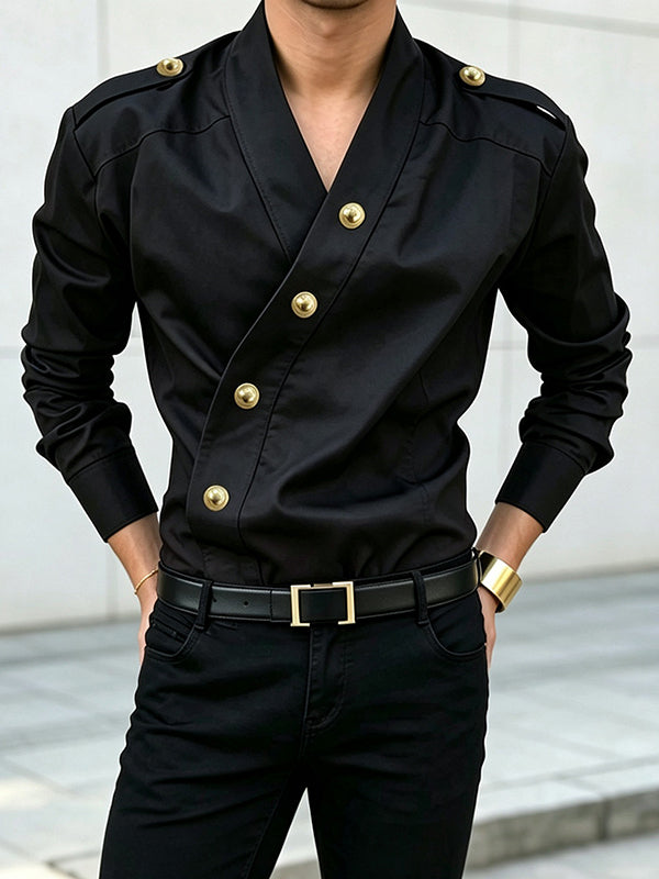 Men's Avant-Garde Party Epaulet Detail Diagonal Metal Button Slim Long Sleeve Shirt SKUL81152