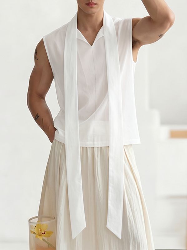 Men's Avant-Garde Shawl Collar Streamer Sheer Sleeveless Shirt SKUL69640