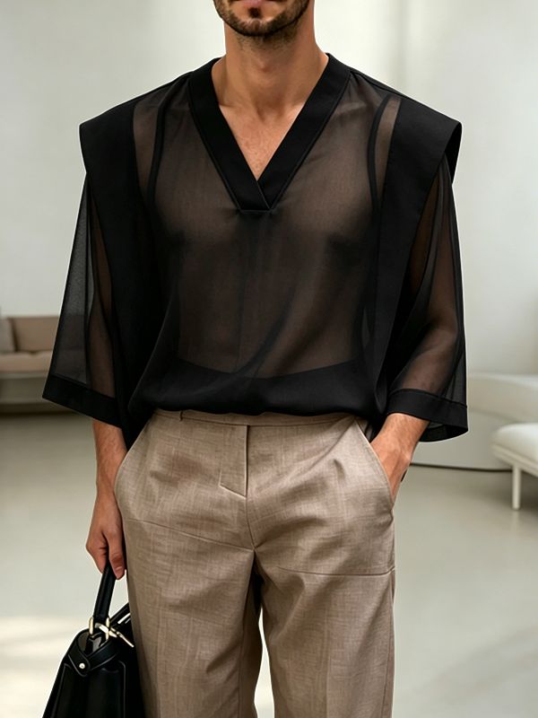 Men's Unisex Avant-Garde Architectural Sheer Organza V-Neck Strong-Shoulder T-shirt SKUL60205