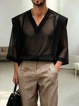 Men's Unisex Avant-Garde Architectural Sheer Organza V-Neck Strong-Shoulder T-shirt SKUL60205