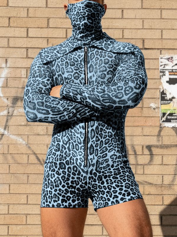 Men's Leopard Print Lapel Collar Zipper Long Sleeve Bodysuit SKUL45122