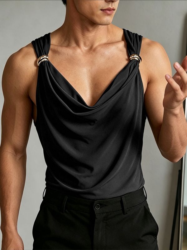 Men's Avant-Garde High-Street Aesthetic Double Metal Rings Cowl Neck Fitted Tank SKUL69205