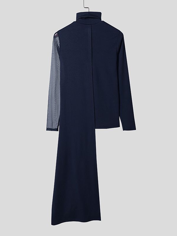 Men's Sheer Mesh Patchwork Long Hem Long Sleeve T-shirt SKUL43783