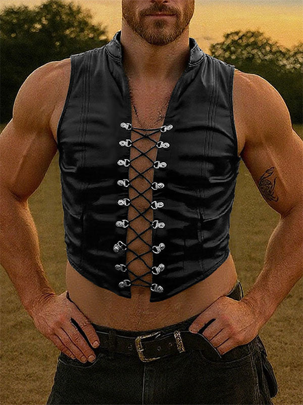 Men's Leather Cropped Lace Up Waistcoat SKUL22304