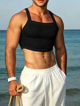 Men's Beach Resort Crochet Mesh Square Neck Fit Cropped Tank SKUL70320