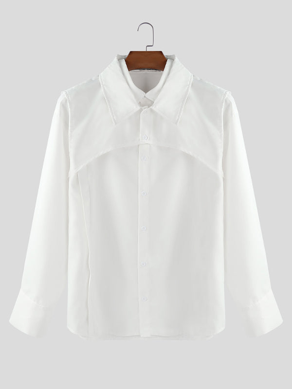 Men's Solid Hollow Fake Two Piece Long Sleeve Shirt SKUL24190