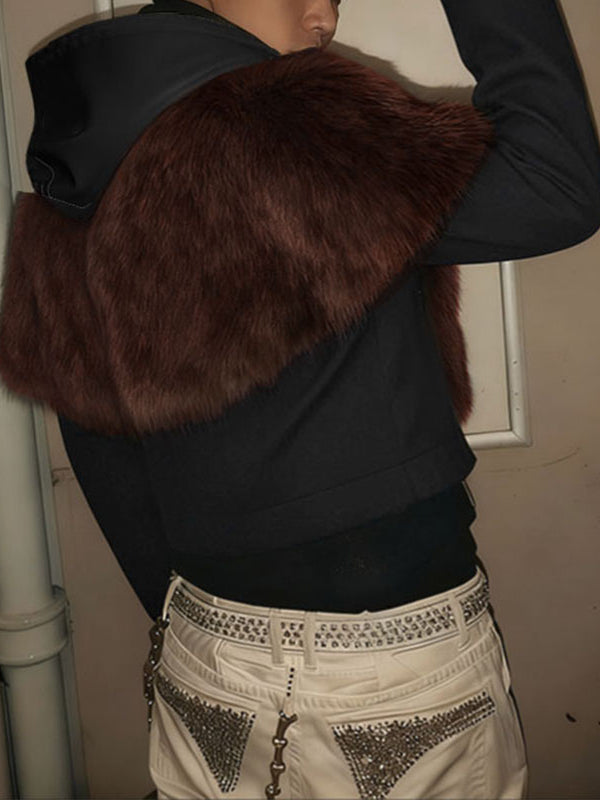 Men's Faux Fur Patchwork Hooded Long Sleeve Jacket SKUL42266