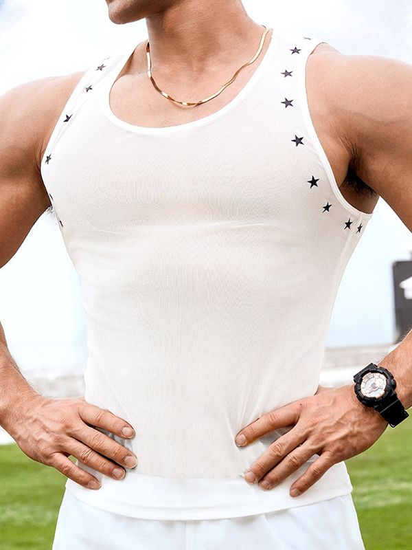 Men's Bodybuilding Display Star Print Semi-Sheer Fit Tank SKUL63174