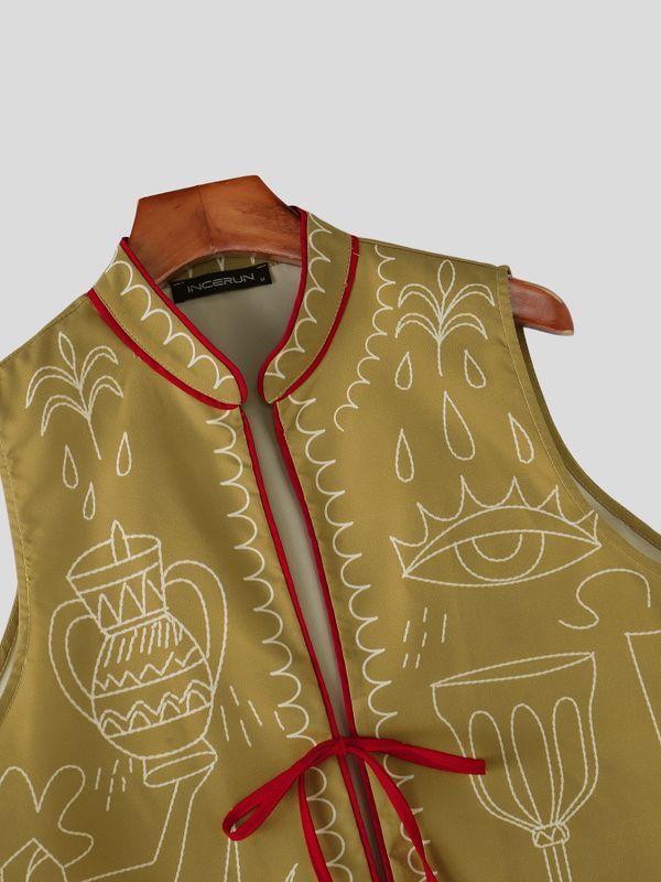 Men's Avant-Garde Embroidered Mystic Graphic Tie-Front Stand Collar Waistcoat SKUL62793